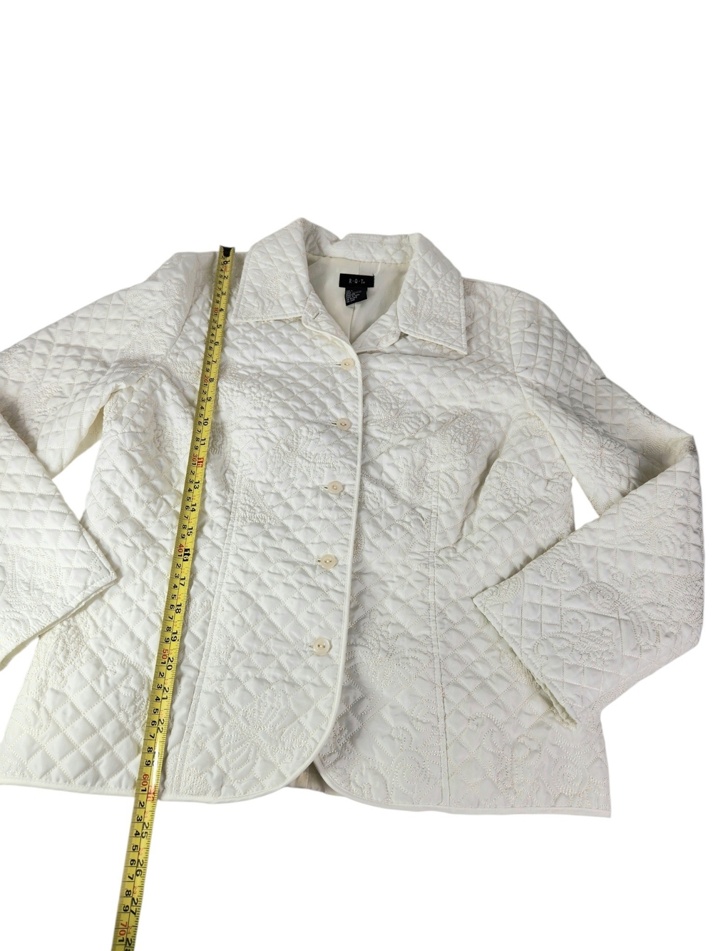 R.Q.T Women's Quilted Embroidered Jacket Ivory Floral Button Front Lined Size L - Picture 14 of 16